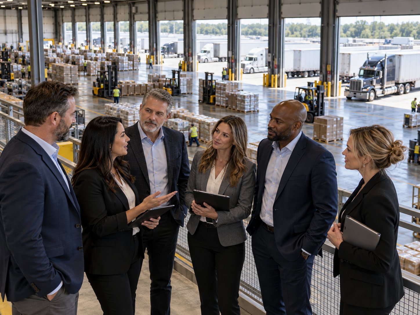 Transportation and logistics leaders meeting on a distribution center mezzanine